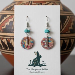 Southwestern Turquoise Feather Polymer Clay Marbled Dangle Handmade Earrings